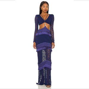 PatBO Fringe Lace cut-out maxi dress indigo blue halter long sleeve purple new 0